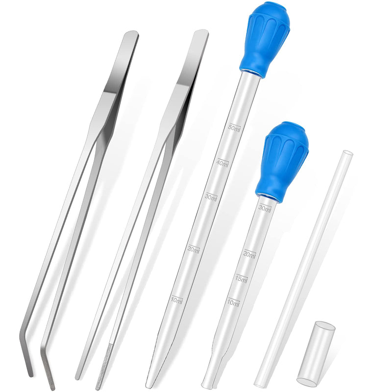 5 in 1 Aquarium Coral Feeder Kit, Luxiv 2 Pcs 60ml and 30ml Aquatic Reef Feeding Dropper with 10in Extender Pipe, 2 Pcs Stainless Steel Straight and Curved Aquarium Tweezers for Feeding Tong (Silver) Silver - PawsPlanet Australia
