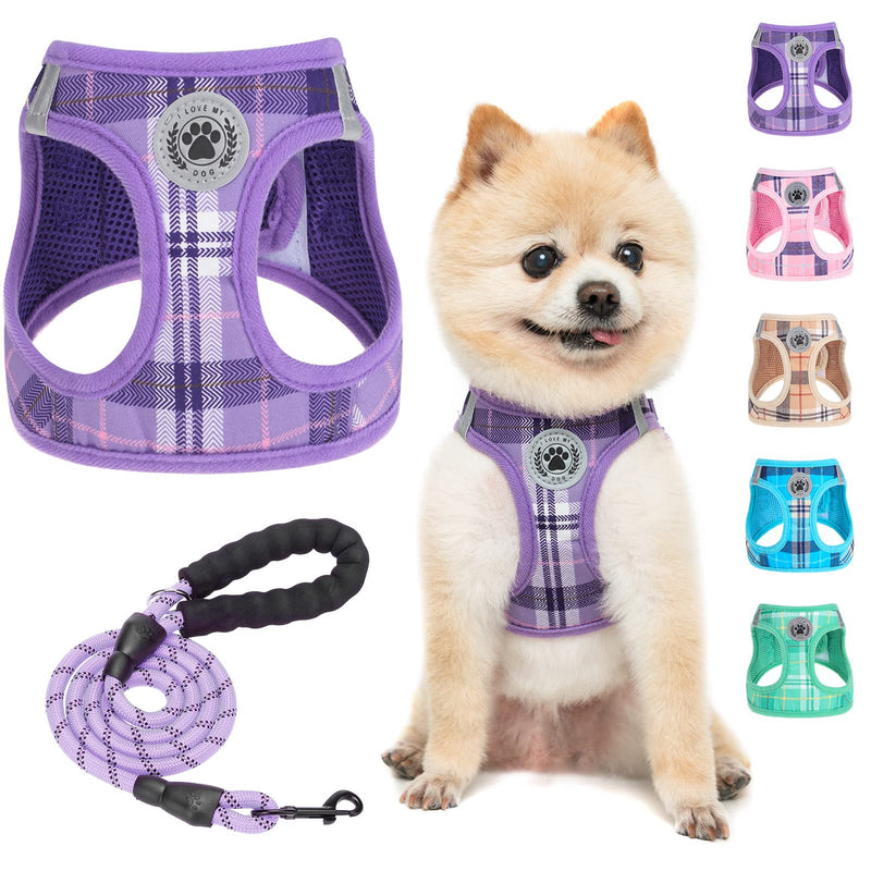 BEAUTYZOO Small Dog Harness and Leash Set,Step in No Chock No Pull Soft Mesh Dog Harnesses Reflective for Extra-Small/Small Medium Puppy Dogs and Cats, Plaid Dog Vest Harness for XS S Pets Small(Chest Girth 14.5" - 16") Purple