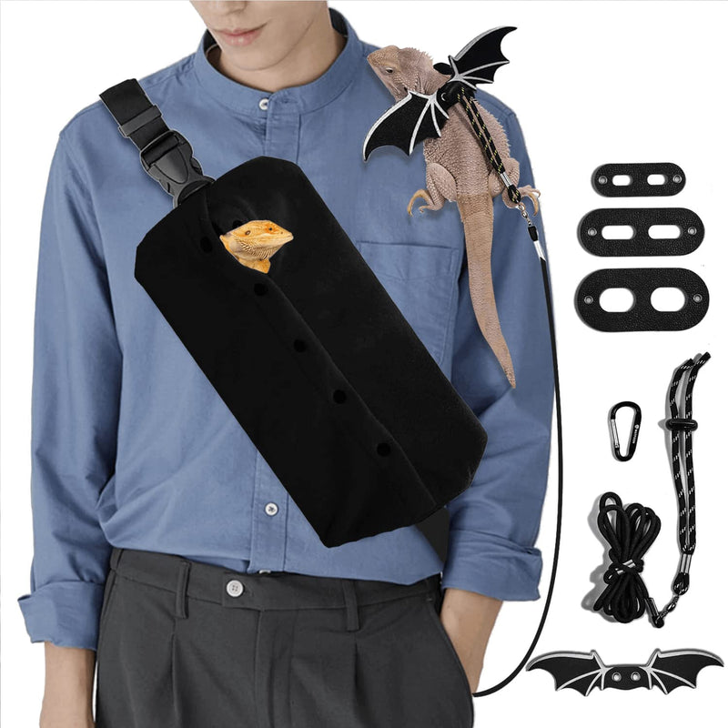 WATFOON Adjustable Lizard Leather Leash Harness and Bearded Dragon Carrier Sling, Reptile Small Pet Training Leashes and Beardie Snuggle Sling Bag for Outdoor Travel (XL Black) Leash + XL Black Sling (Gift) - PawsPlanet Australia