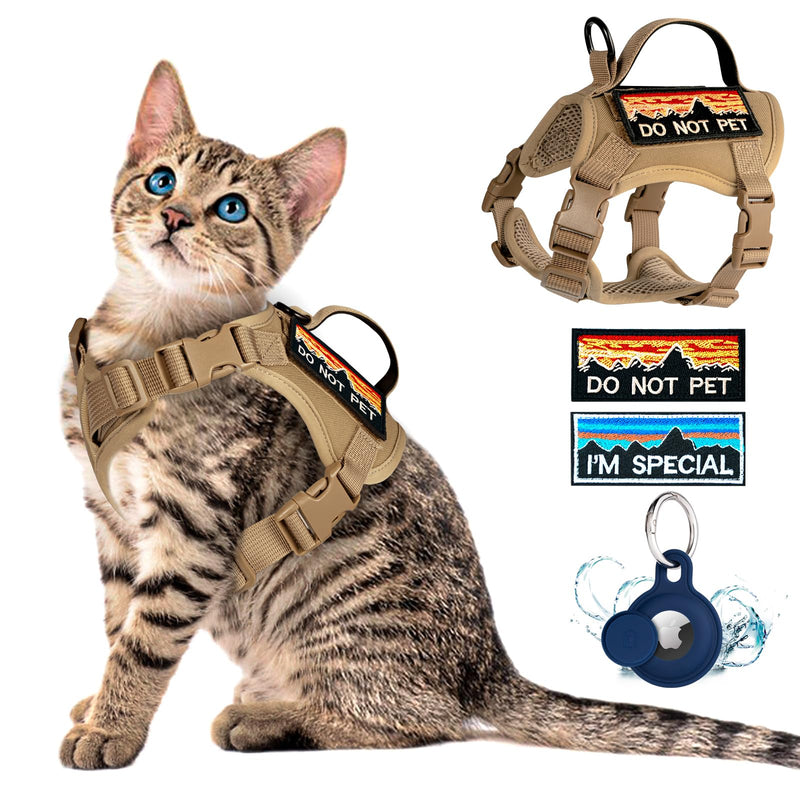 Tactical Cat Harness for Walking, Adjustable Escape Proof Pet Vest for Large Cat,Easy Control Breathable Cat Vest with Handle，Molle Patches (Khaki, L) Khaki - PawsPlanet Australia