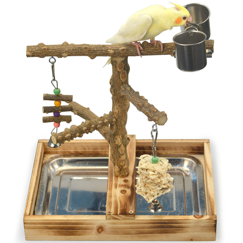 Natural Wood Bird Toys Playground, Bird Cage Accessories, Bird Perches, with Removable Tray and 2 Stainless Steel Cups - PawsPlanet Australia
