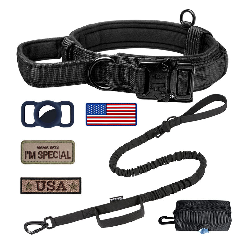Tactical Dog Collar and Leash Set: Adjustable Nylon Collar with Handle, Shock Absorbing Retractable Leash for Medium Large Dogs, Airtag Holder, Patches L Black-SET - PawsPlanet Australia