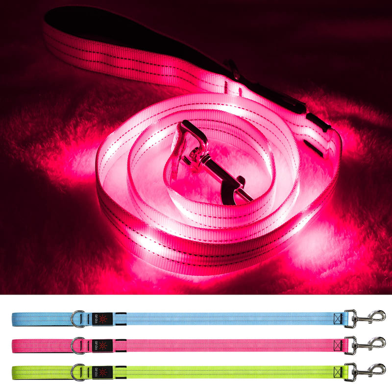 Led Dog Leash, 4 Ft Light Up Dog Leash Rechargeable Waterproof, Nylon Reflective Leashes with Padded Handle for Night Walking, Safety Glow in The Dark Dog Leash for Large Medium Small Pets Pink - PawsPlanet Australia