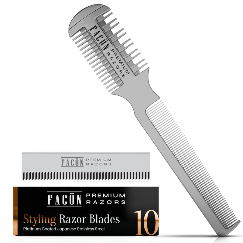 Facón Razor Comb for Hair Cutting - Professional Hair Cutting Comb Kit with 12 Replacement Blades, Double Edge Shaper for Salon & Home, Premium Styling Thinning Texturizing Split Ends Trimming Razor The Swift (Silver) - PawsPlanet Australia