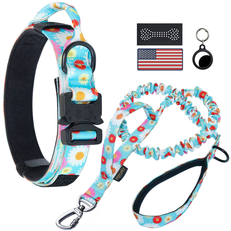 Hotsky Tactical Dog Collar and Leash Set, Heavy Duty Dog Collars for Medium Dogs, Adjustable Nylon Collars and Leashes with Handle Metal Buckle for Large Dogs, with Airtag Case and Patches(Daisy, XL) XL(20"-23") Daisy Set - PawsPlanet Australia