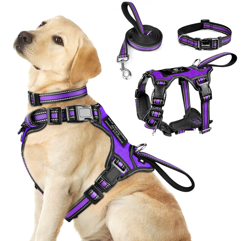 WINSEE Pet Harness Collar and Leash Set, All-in-one Reflective Dog Harness No Pull with Adjustable Buckles for Puppies, Small, Medium, Large, and Extra-Large Dogs (Large, Purple) - PawsPlanet Australia