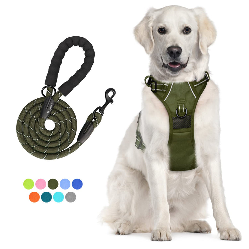 PoyPet No Pull Dog Harness and 5 Feet Leash Set, Release on Neck Reflective Adjustable Pet Vest, Front & Back 2 D-Ring and Soft Padded Pet Harness with Handle for Small to Large Dogs(Military Green,L) L Military Green - PawsPlanet Australia