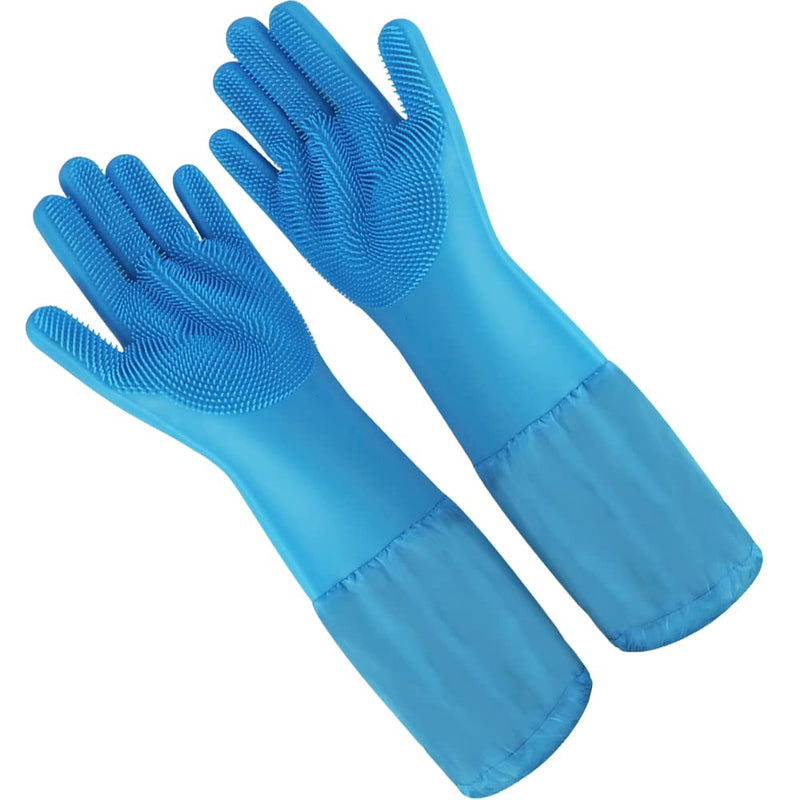 WAYUTO Long Sleeve Silicone Grooming Gloves - Cat & Dog Massaging, Hair Removal, Bathing, Shampoo Gloves for Kitchen, Bathroom and Pet Shop Use - Blue - PawsPlanet Australia