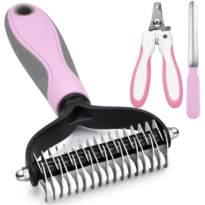 GOESWELL Dog brush for shedding Undercoat Rake for Dogs & Cats - Double Sided Brush for Dematting Comb Grooming Tool kit - Nail Clippers & Nail File (Pink(3 Pack)) Pink(3 Pack) - PawsPlanet Australia