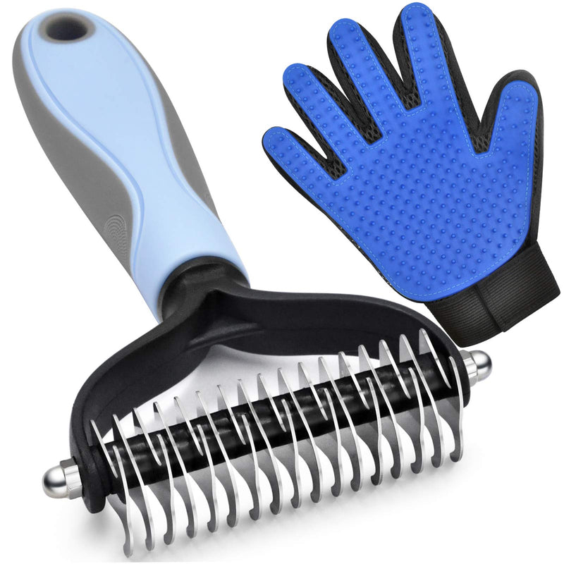 GOESWELL Double-Sided Undercoat Rake for Pet Grooming - Shedding and Dematting Comb with Grooming Glove (Blue 2 Pack) Blue(2 Pack) - PawsPlanet Australia