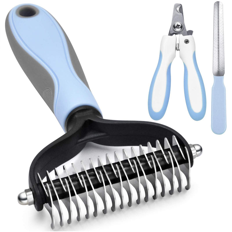 Deshedding Dog Brush - Undercoat Rake for Cats & Dogs - Double Sided Brush for Shedding and Dematting Comb Grooming Tool kit - Nail Clipper & Nail File Blue(3 Pcs )