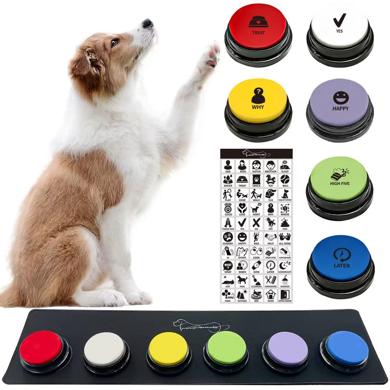 RIBOSY Set of 6 Recordable Buttons with Rubber Mat and 50 Training Stickers, Dog Buttons for Communication - Record& Playback Your Own Voice to Train Your Pet Voice What They Want（Battery Included） - PawsPlanet Australia