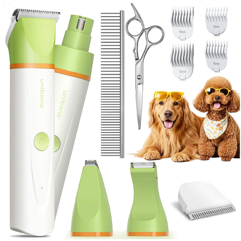 Dog Grooming Kit with Paw Trimmer, All-in-One Low Noise Electric Rechargeable Small Quiet Pet Clippers Foot Dog Hair Shaver with Stainless Steel Scissors and Comb for Dogs at Home (Green) Green