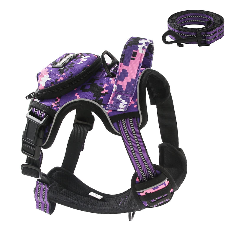No Pull Dog Harness for Medium Dogs, Adjustable No Choke Pet Vest with Dog Leash Fit Smart Reflective Pet Walking Harness for Training Easy Control Soft Handle Purple Camo M - PawsPlanet Australia