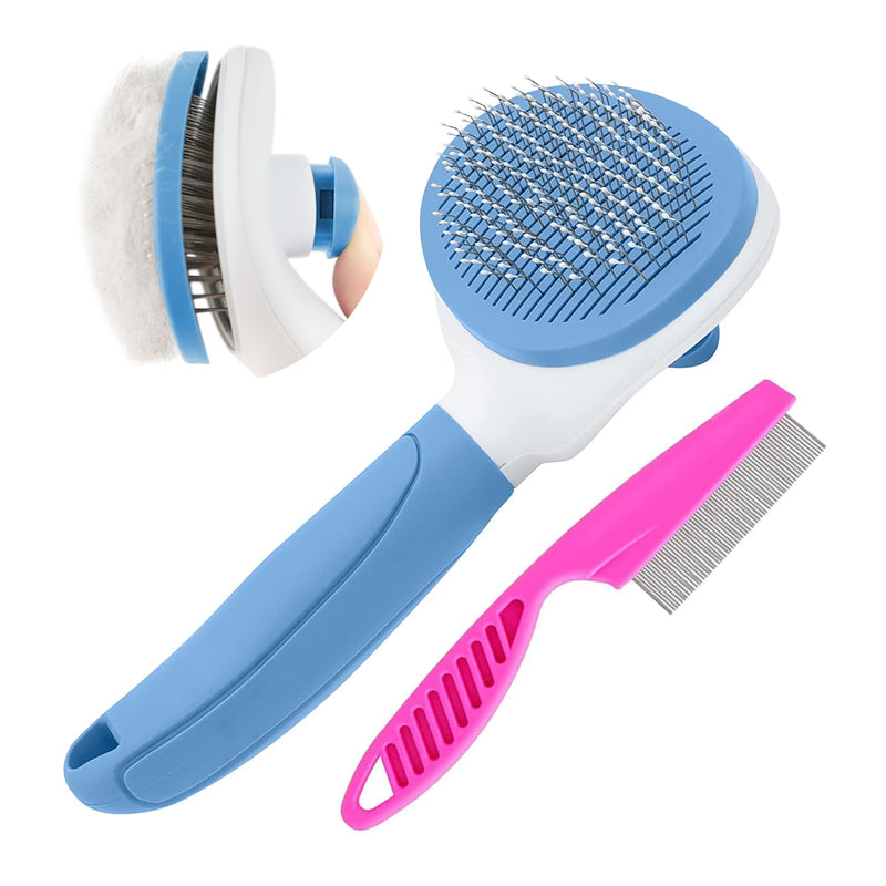 Self Cleaning Slicker Brush, Cat Brushes for Indoor Cats with Metal Comb, Dogs Cats Hair Brushes for Shedding, Pet Kitten Grooming Tool with Release Button for Long or Short Hair by KALAMANDA(Blue) Blue - PawsPlanet Australia