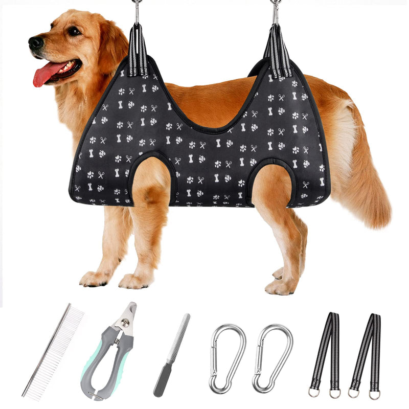 Pet Grooming Hammock Harness with Nail Clippers/Trimmer, Nail File, Comb, Cute Printed Breathable Cats & Dogs Hammock Sling for Grooming (XL, Black) XL - PawsPlanet Australia