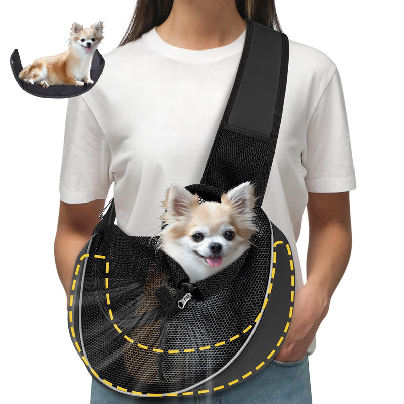 Detachable Hard Bottom Dog Sling for Small Dogs & Cats Up to 10 lbs- Upgraded Breathable Mesh, Adjustable Strap & Large Pocket - Hands-Free Pet Carrier for Travel Walking Hiking (Black Size M) Medium(5-10lbs) Black - PawsPlanet Australia