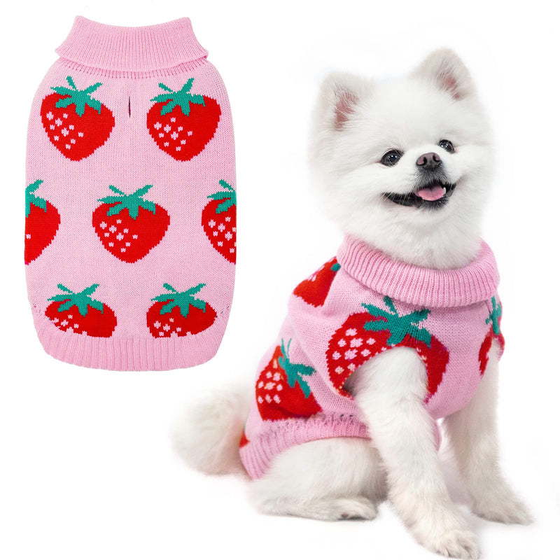 SCIROKKO Dog Sweaters for Small Dogs - Cute Girl Dog Clothes Knitwear Warm Puppy Winter Sweater, Pink Strawberry S/M (Chest 20", Back 16")