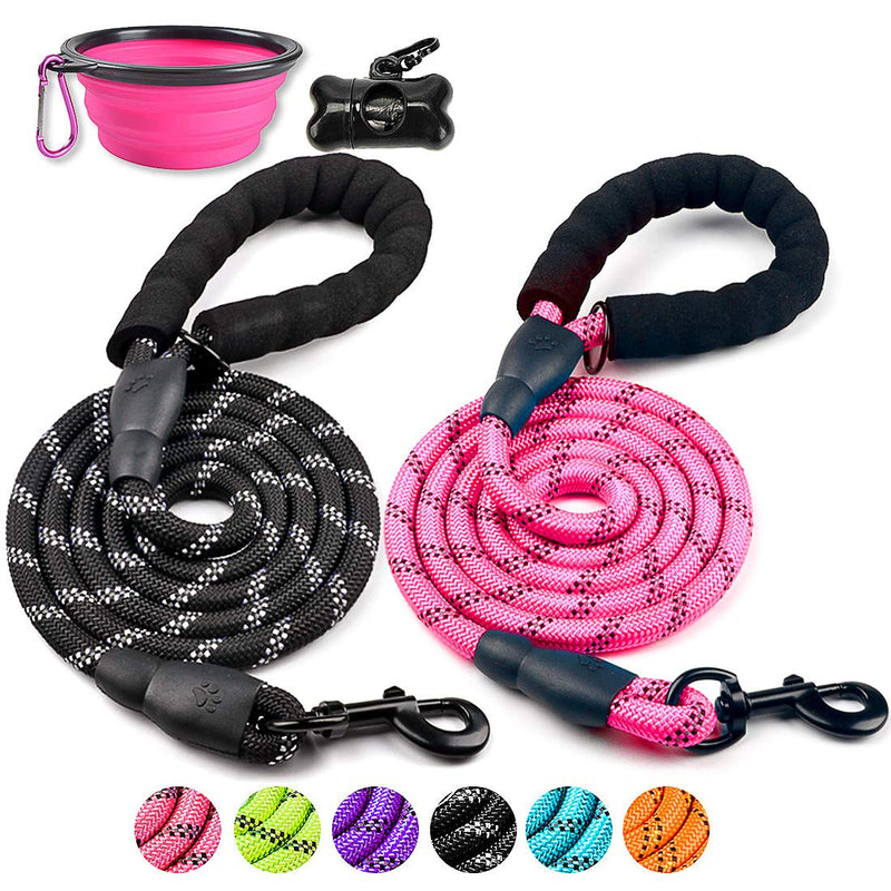 2 Pack Dog Leash 5 FT Thick Durable Nylon Rope - Comfortable Padded Handle Reflective Rope Dog Leash for Medium Large Dogs with Collapsible Pet Bowl and Garbage Bags (Black+Pink, 1/3" x 5 FT) Set 02- Black+Pink 1/3" x 5 FT (0~18 lbs.) - PawsPlanet Australia