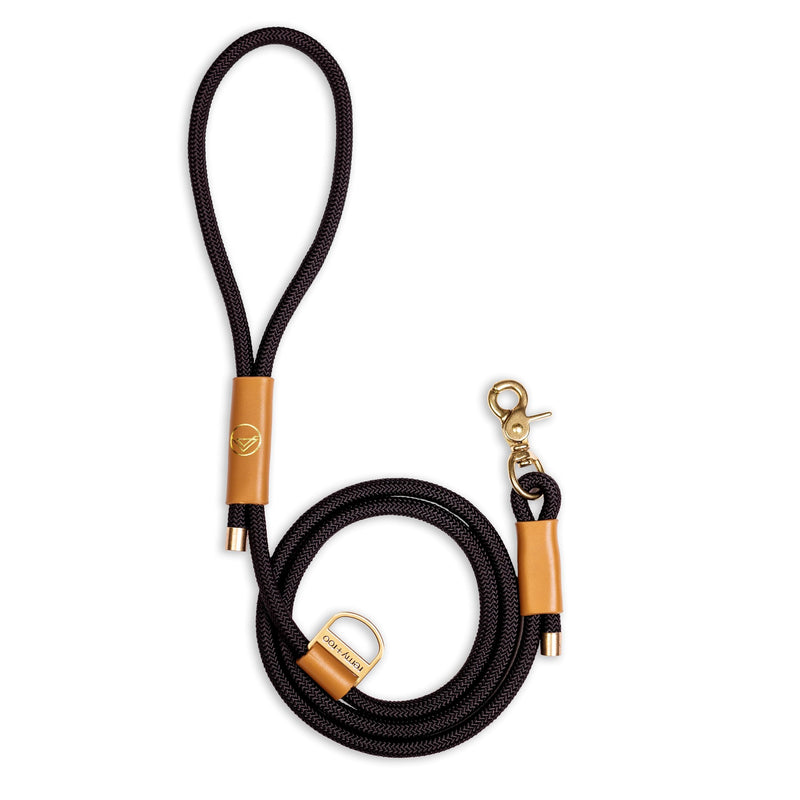 Remy+Roo Manhattan Black Heavy Duty Dog Leash - 5 ft, Custom Waste Bag Ring, Double Stitched Leather, Lobster Clasp, Brass Finish - Suitable for Large, Medium & Small Dogs - PawsPlanet Australia