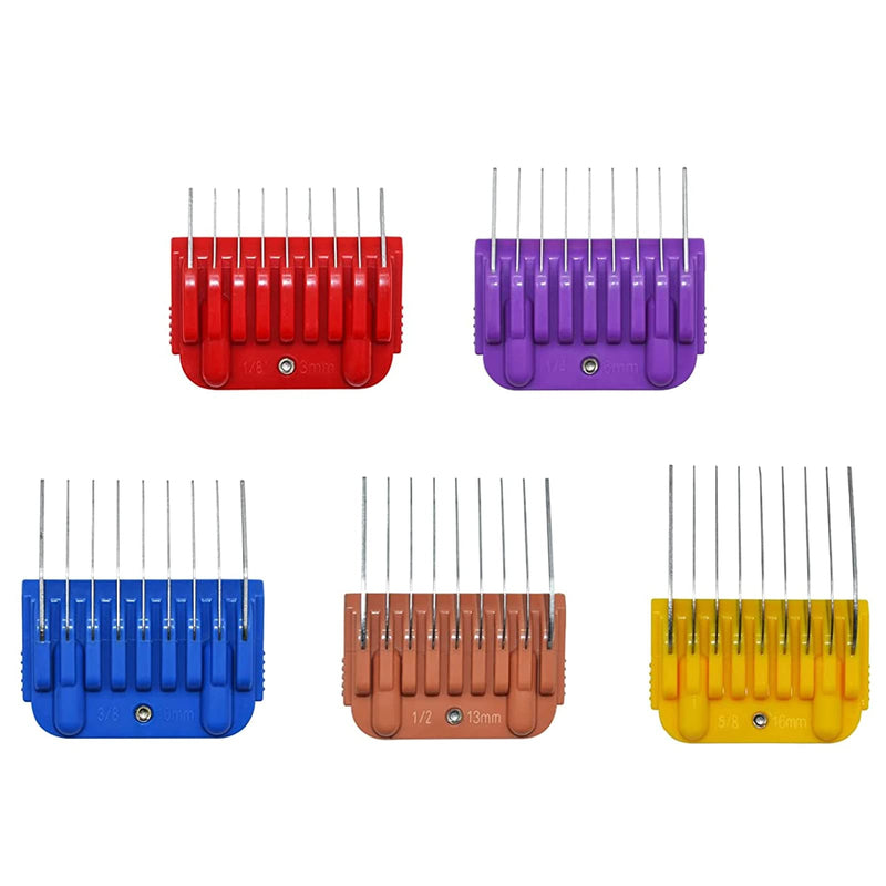 Animal Stainless Steel 5 Color Dog Guide Comb Set,Cutting Length 1/8"-5/8" for 10#/15#/30# A5 Detachable Blade,Compatible with Andis, Oster A5, Wahl KM Series Clipper Guards 5 PACK(3MM-16MM)