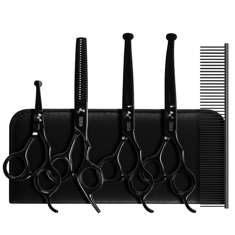 Dog Grooming Scissors Kit with Safety Round Tips, Professional 6 in 1 Grooming Scissors for Dog, Cats, Pets, 4CR Stainless Steel, Sharp and Durable 6 in 1 Black - PawsPlanet Australia