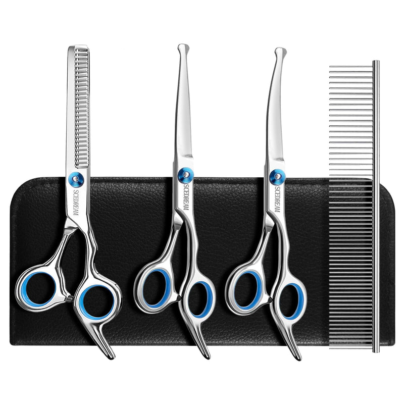 Dog Grooming Scissors for Dogs with Safety Round Tips, 5 in 1 Dog Scissors for Grooming, Curved Dog Grooming Scissors,Professional Pet Grooming Shears Set for Dogs and Cats 5 in 1 Blue - PawsPlanet Australia