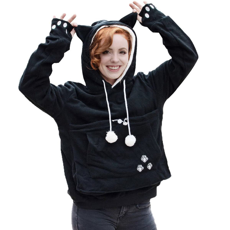 LINYUCHEN Cat Dog Pouch Hoodie Puppy Kitten Large Pocket Carriers Pullover- Fleece Sweatshirt with Soft Pet Pouch for women Black XX-Large - PawsPlanet Australia