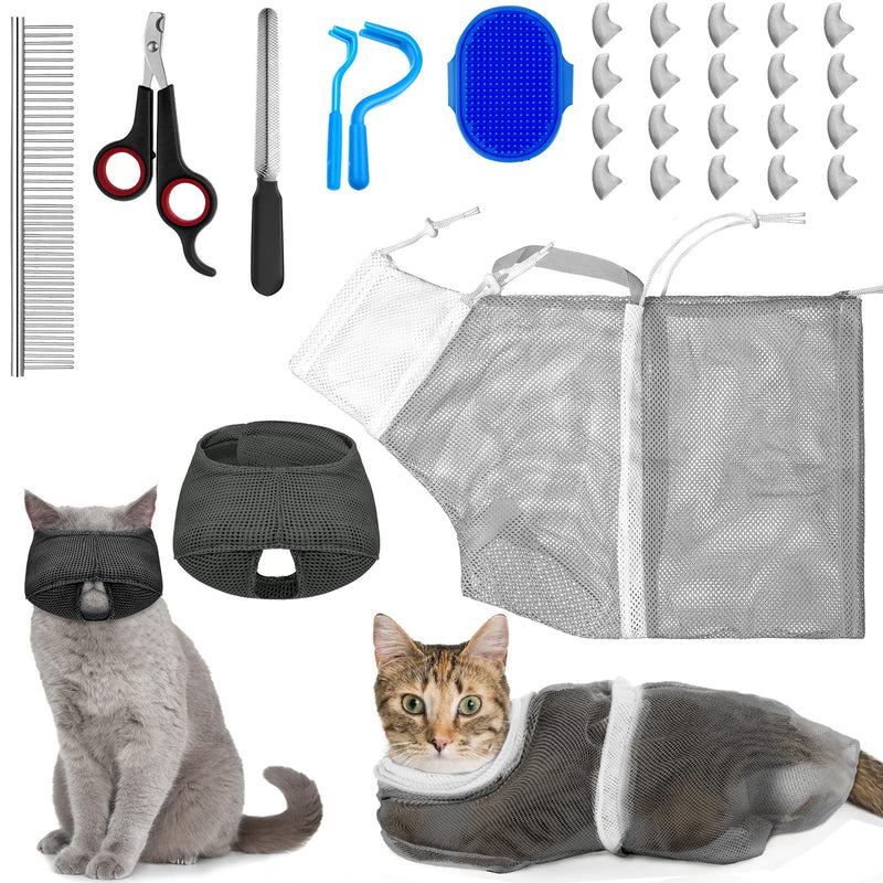 9 Pcs Cat Bathing Bag Set Cat Shower Bag Anti Bite and Scratch for Pet Grooming Washing Brush Comb Muzzle Nail Clipper Nail File Tick Tool(Blue, Gray) Blue, Gray - PawsPlanet Australia