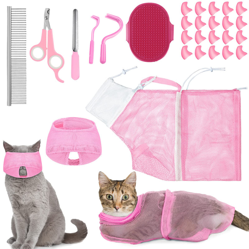 9 Pieces Cat Bathing Bag Set Cat Shower Bag Anti Bite and Anti Scratch Cat Grooming Bag for Pet Washing Brush Comb, Cat Muzzle, Nail Clipper, Nail File, Tick Tool (Pink) Pink - PawsPlanet Australia