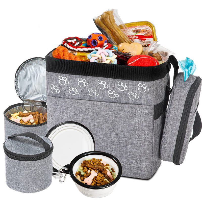 Dog Travel Bag with Treat Pouch, Airline Approved Dog Bags for Traveling, 2 Dog Food Travel Container, 2 Travel Bowls, Weekend Dog Travel Bag for Supplies, Dog Travel Kit Accessories Small Grey