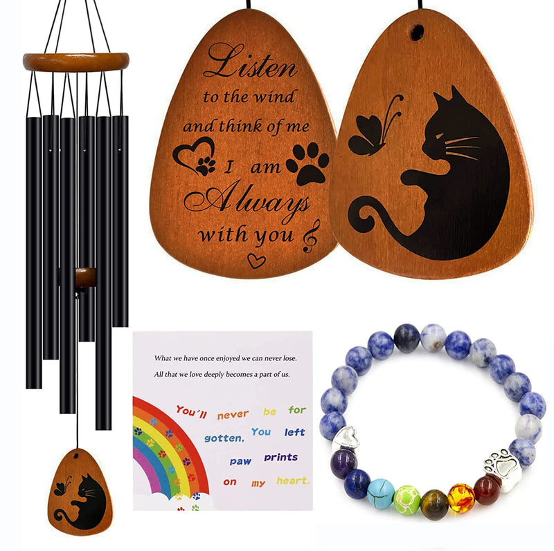 Cat Memorial Gifts Wind Chimes,Cat Loss Sympathy Gifts to Honor and Remember Cat,Pet Memorial Gifts for Cat Lovers with 7 Chakra Rainbow Bridge Bracelet,28 inches Cat Memorial(black) - PawsPlanet Australia