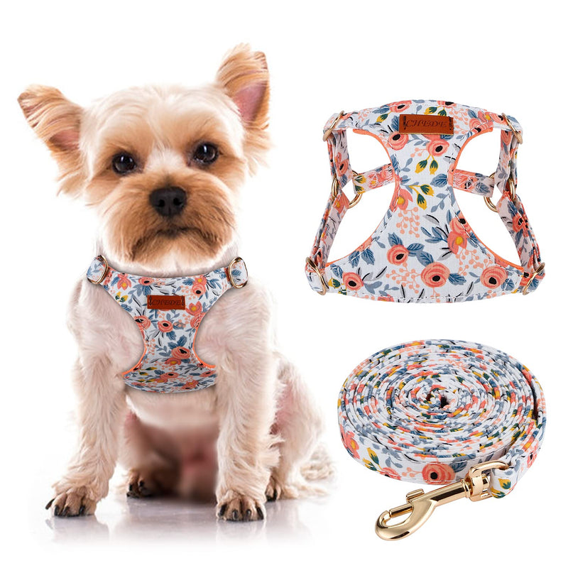 CHEDE No Pull Floral Pattern Dog Harness- Lightweight and Soft Dog Harness, Adjustable Small Dog Harness and Leash Set, with Dog Leash, Suitable for Puppy Small and Medium-Sized Dog XS Orange Rose