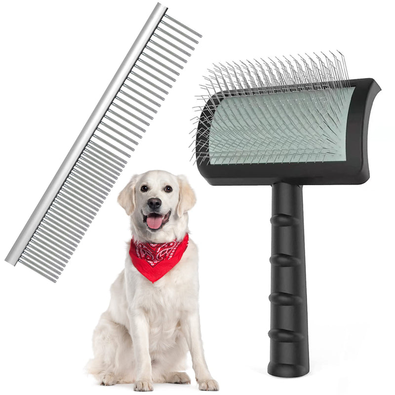 Large Slicker Brush & Pet Comb Value Kit, Extra Long Pin Dog Grooming Wire Brush and Deshedding, Removes Long and loose Hair & Undercoat, Black-comb, Hair Type: Curly, Unisex - PawsPlanet Australia