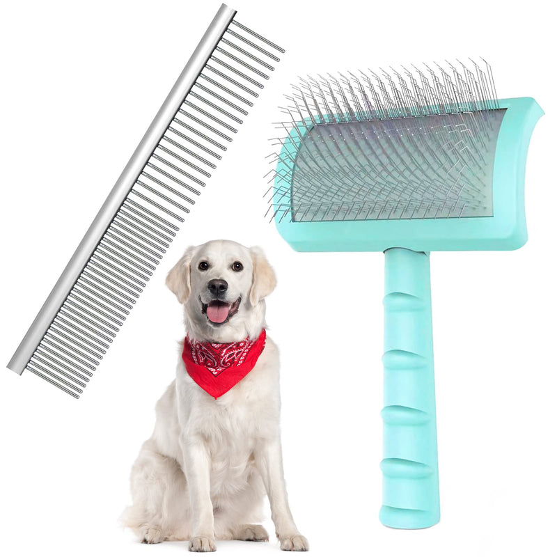 Large Slicker Brush & Green-comb Value Kit, Extra Long Pin Dog Grooming Brush for Curly Hair Goldendoodles, Removes Long and Loose Hair & Undercoat - PawsPlanet Australia