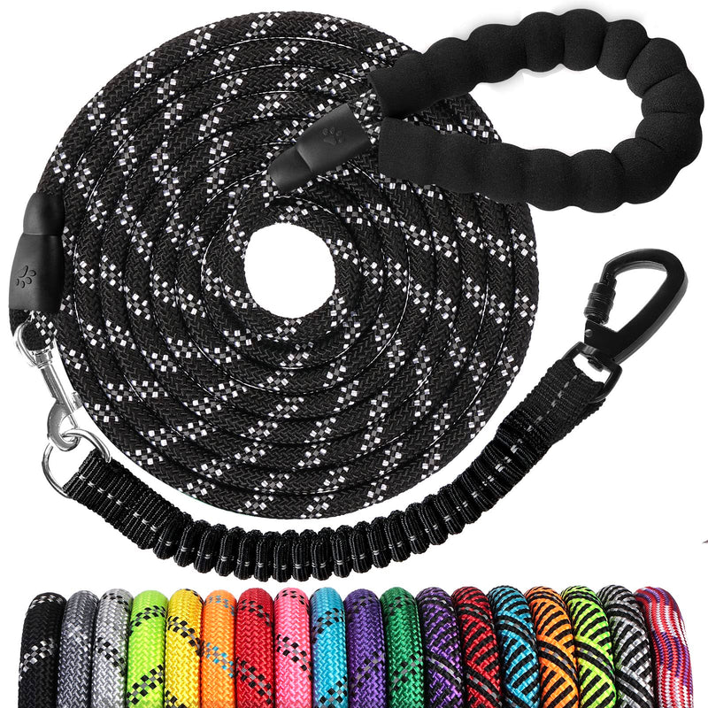 Long Dog Leash 10 FT: Heavy Duty Rope Leashes for Dogs Training with Swivel Lockable Hook Reflective Threads Bungee and Padded Handle - Dog Lead for Large Small Medium Dogs Outside Walking Hiking Black 10ft*1/3''