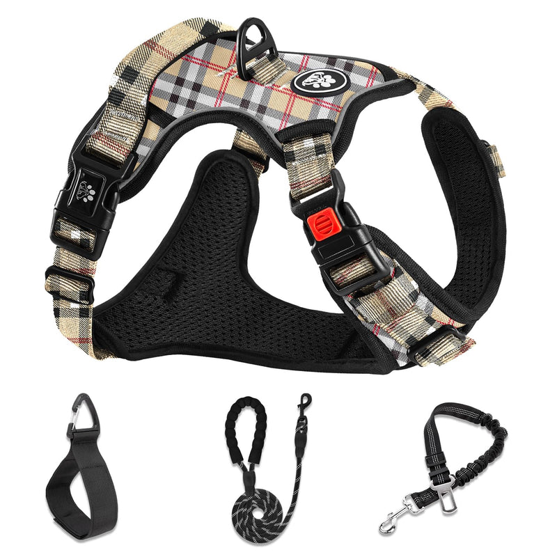 NESTROAD No Pull Dog Harness with Leash, Reflective No Choke Pet Vest Harness,Adjustable Soft Padded Dog Harness with Easy Control Handle for Medium Dogs(Checkered Beige,Medium) 【M】neck 13-17" chest 17-25" Checkered Beige