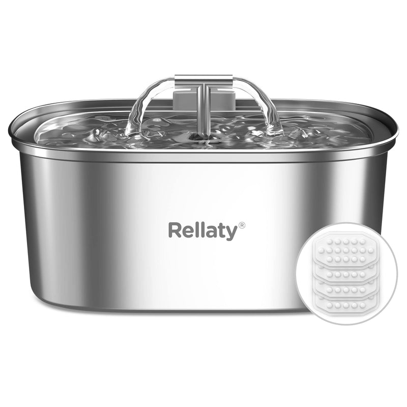 Cat Water Fountain Stainless Steel: 3.2L/108oz Pet Fountain Water Bowl Dog Drinking Dispenser Cat Feeding & Watering Supplies Animal Metal Kitty Spout for Cats Inside with 4 Replacement Filters Pet Fountain + 4PCS Filters + 1PC Sponge - PawsPlanet Australia