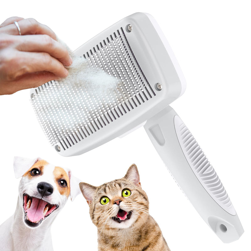 Self-Cleaning Slicker Brush for Dogs & Cats, Grooming Combs for Short & Long-Haired Dogs, Cats, Rabbits & More - Gently Removes Loose Undercoat, Mats and Tangled Hair White