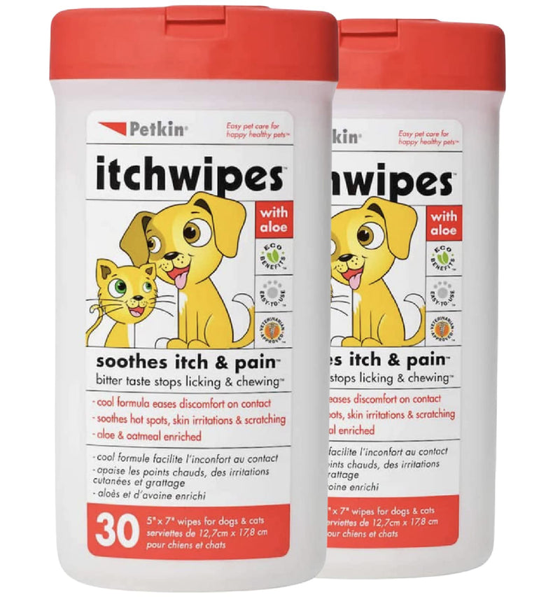 Petkin Anti Itch Wipes for Dogs and Cats 30 Wipes per Pack – Soothes Hot Spots, Skin Irritations and Scratching – Bitter Taste Stops Licking and Chewing – Super Convenient, Ideal for Home or Travel 2 Pack - 60 Wipes