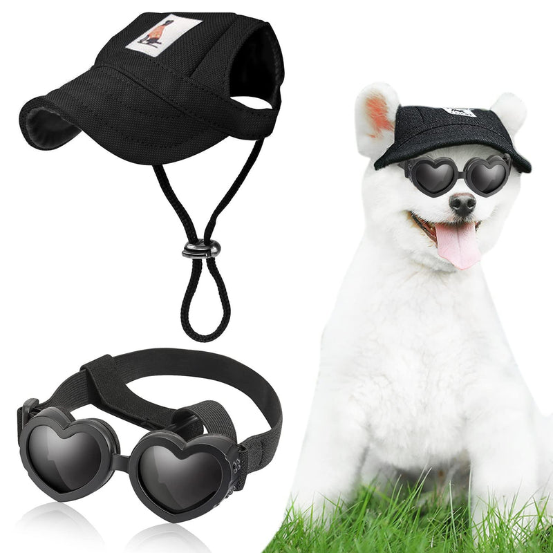 Small Dog Hat Baseball Cap Sun Hat with Ear Holes + Pet Dog Sunglasses Goggles Heart Shape Eye Wear,Sun/UV Protection Adjustable Strap Waterproof Outdoor Party Birthday for Small Dog Medium Black