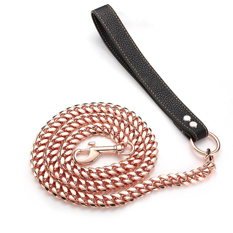 AIYIDI Rose Gold Chain Dog Leash Heavy Duty 3FT/4FT/5FT Stainless Steel Metal Training Walking Leash,Easy Hook,Leather Handle,Chewy, 10mm/14mm Cuban Link Leash for Large Medium Small Dogs Chain Width: 14mm 5FT(60inches) - PawsPlanet Australia