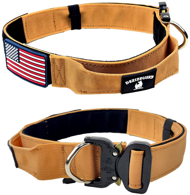 Tactical Dog Collar with Handle - 1.5 Inch Thick Heavy Duty Nylon, Military Style Metal Quick Release Buckle & Integrated D-Ring, for Medium & Large Dogs – Includes USA Flag On Customizable Name Plate adjustable 14-20 inches TAN 14-20 inch - PawsPlanet Australia