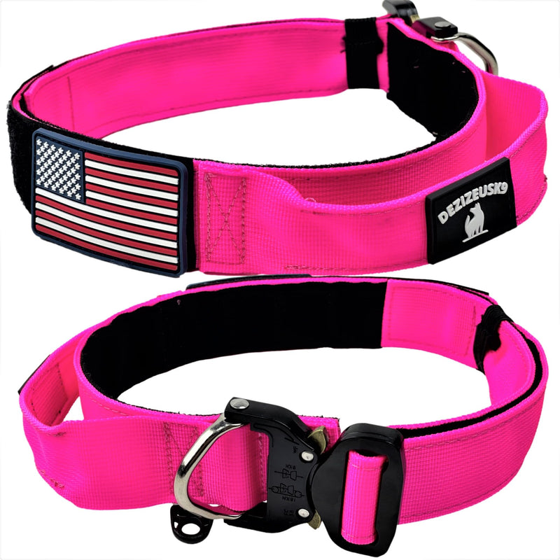 Tactical Dog Collar with Handle - 1.5 Inch Thick Heavy Duty Nylon, Military Style Metal Quick Release Buckle & Integrated D-Ring, for Medium & Large Dogs – Includes USA Flag On Customizable Name Plate adjustable 20-28 inches PINK 20-28 inch