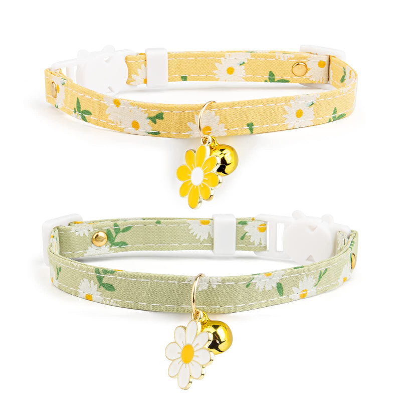 2 Pack Cotton Breakaway Cat Collar with Bell,Yellow&Green Flowers Pendant Cute Cat Collar Kitten Collar,Ideal for Girl Cats Boy Cats Yellow&Green - PawsPlanet Australia