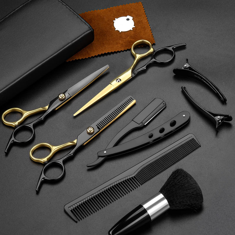 Hair Scissors,11Pcs Professional Black Gold Hair Cutting,Stainless Steel Barber Supplies,Straight, Thinning Shears, Multi Use Haircut Sets for Home Salon Barber - PawsPlanet Australia