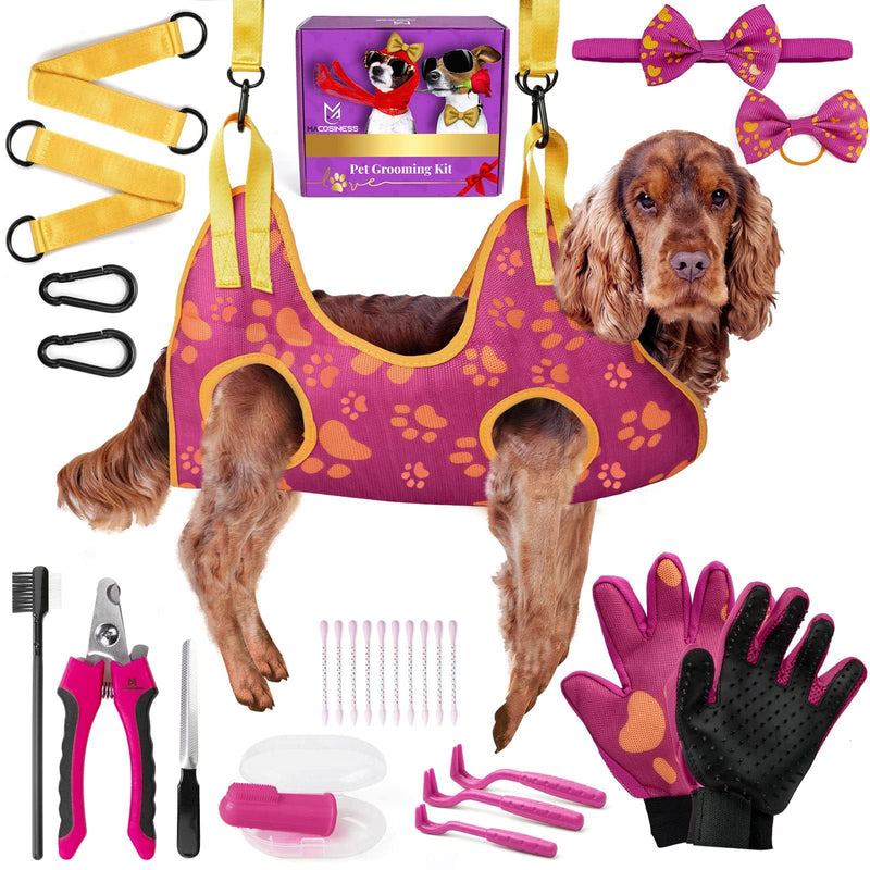 Pet Grooming Hammock for Nail Trimming - Complete Groomers Helper Set for Pet - Dog Grooming Hammock with Hook - Cat Nail Clipper - Dog Hammock for Nail Clipping (L, Purple with Gold Paws) PREMIUM SET - Purple with gold paws L - PawsPlanet Australia