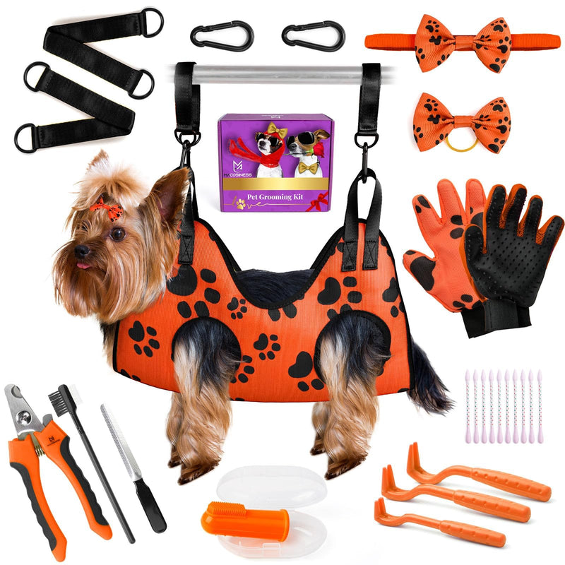 2025 16-in-1 - Dog Grooming Hammock - Dog Hanging Harness for Nail Trimming - Pet Grooming Hammock - Dog Sling for Nail Trimming - Dog Nail Trimming Hammock - Dog Holder for Nail Trimming PREMIUM SET - Orange with black paws XS - PawsPlanet Australia