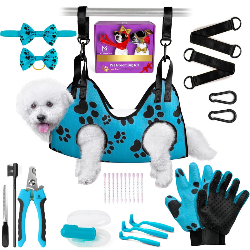 Pet Grooming Hammock for Nail Trimming - Dog Nail Clippers for Large Dogs - Pet Grooming Hammock with Hooks Dog Nail Clipper - Dog Hammock - Dog Sling for Small Dogs Lift Harness - Cat Harness - Pets PREMIUM SET - Aqua with black paws S - PawsPlanet Australia