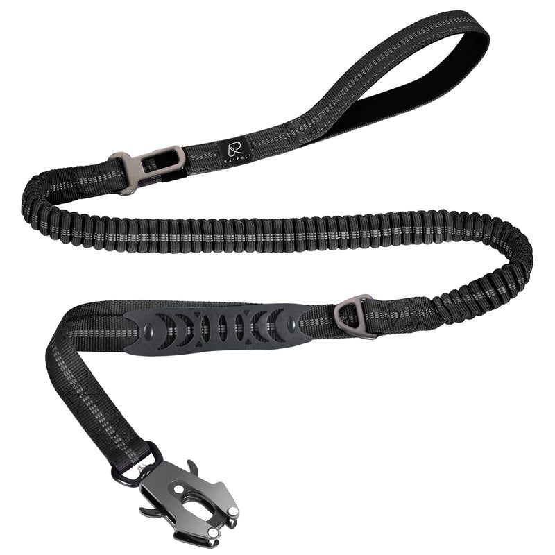 Tactical Heavy Duty Bungee Dog Leash for Medium Large Dogs That Pull, Raipult Military K9 Working Lead, 4-6FT Shock Absorbing Frog Clip Dog leashes with Padded Traffic Handle & Car Seatbelt, Black Aviation aluminum - PawsPlanet Australia